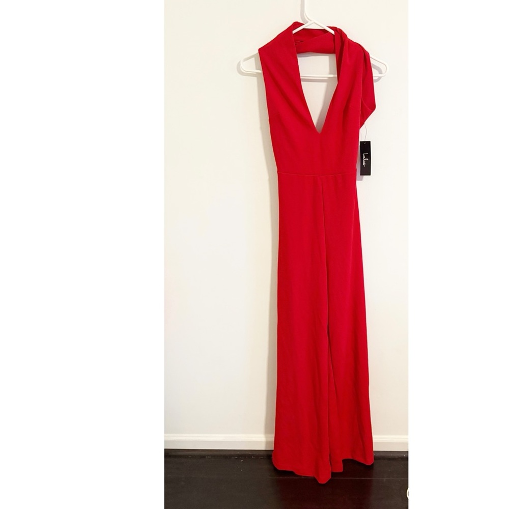 Lulu's Thinking Out Loud Strappy Backless Plunge Red Jumpsuit‎